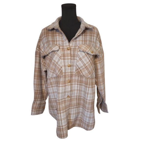 Aura Tan & Cream Plaid Oversized Shacket Size XS - Picture 1 of 4